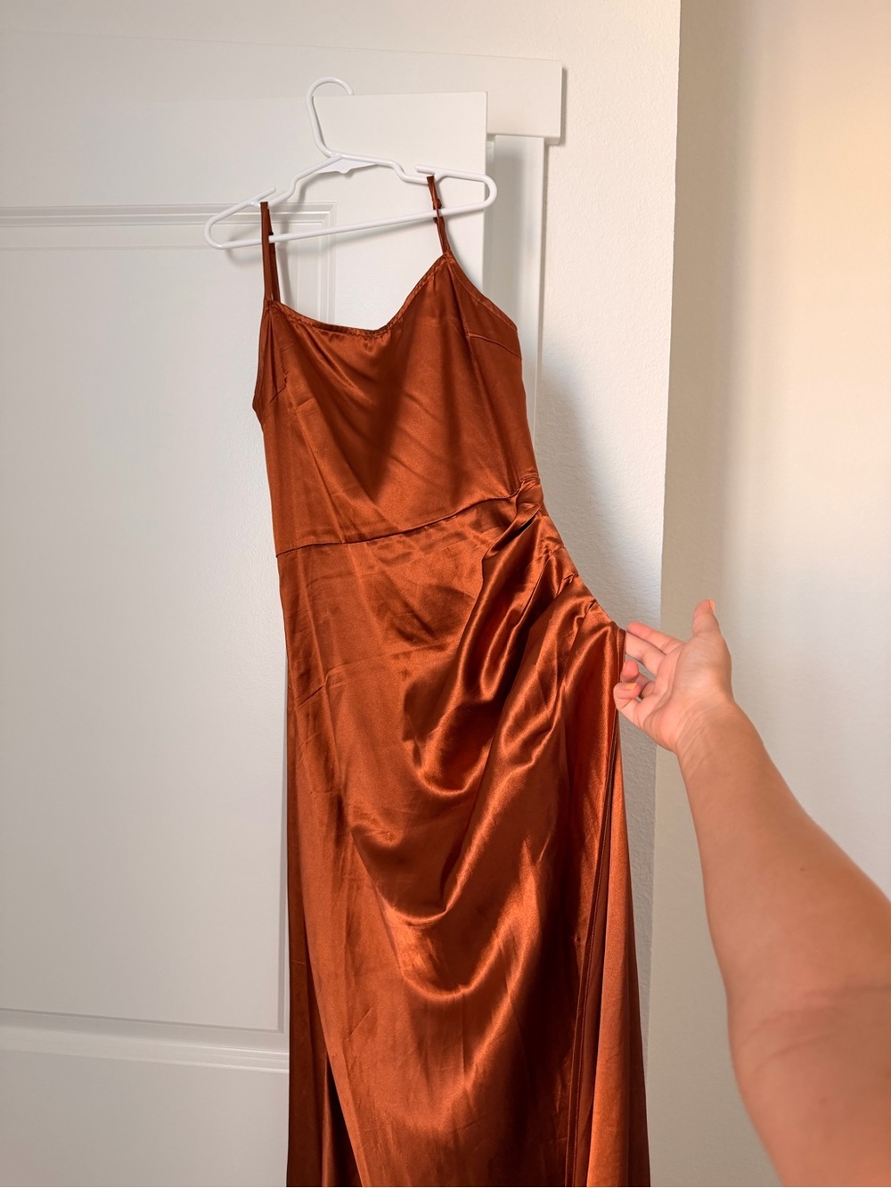 Satin Slip Dress in Rust Brown - Elegant Spaghetti Strap Midi